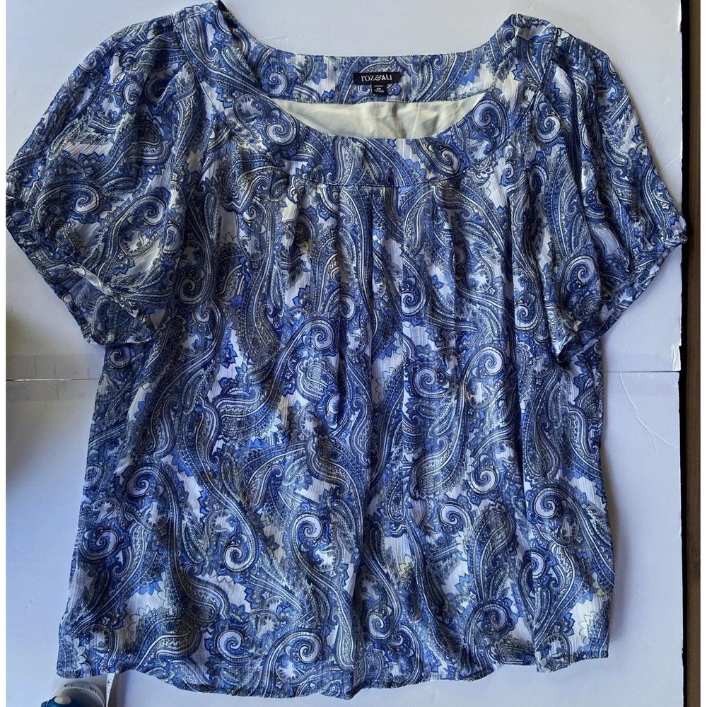 ROZ & ALI Women's Plus Sz 3X Blue/White Paisley Lined Woven Blouse Top Lined